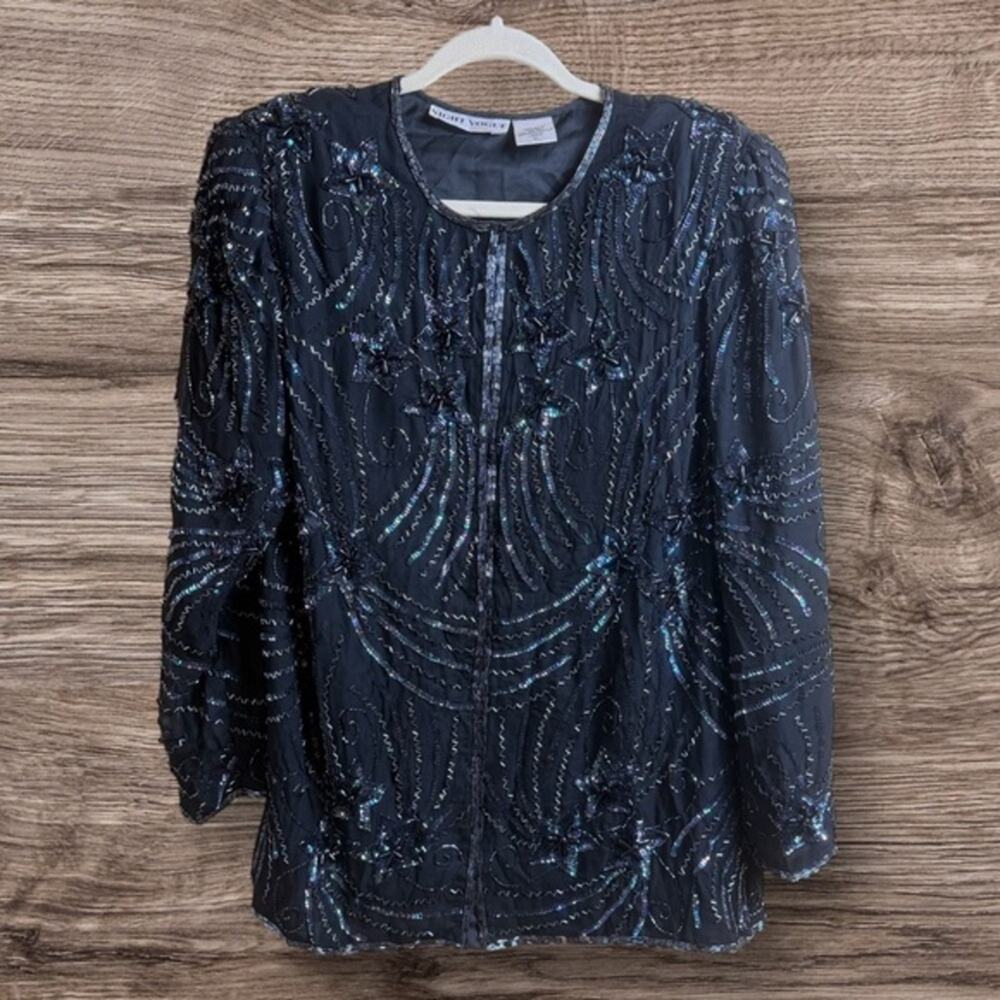 Vintage Night Vogue black silk beaded jacket. xL stars celestial